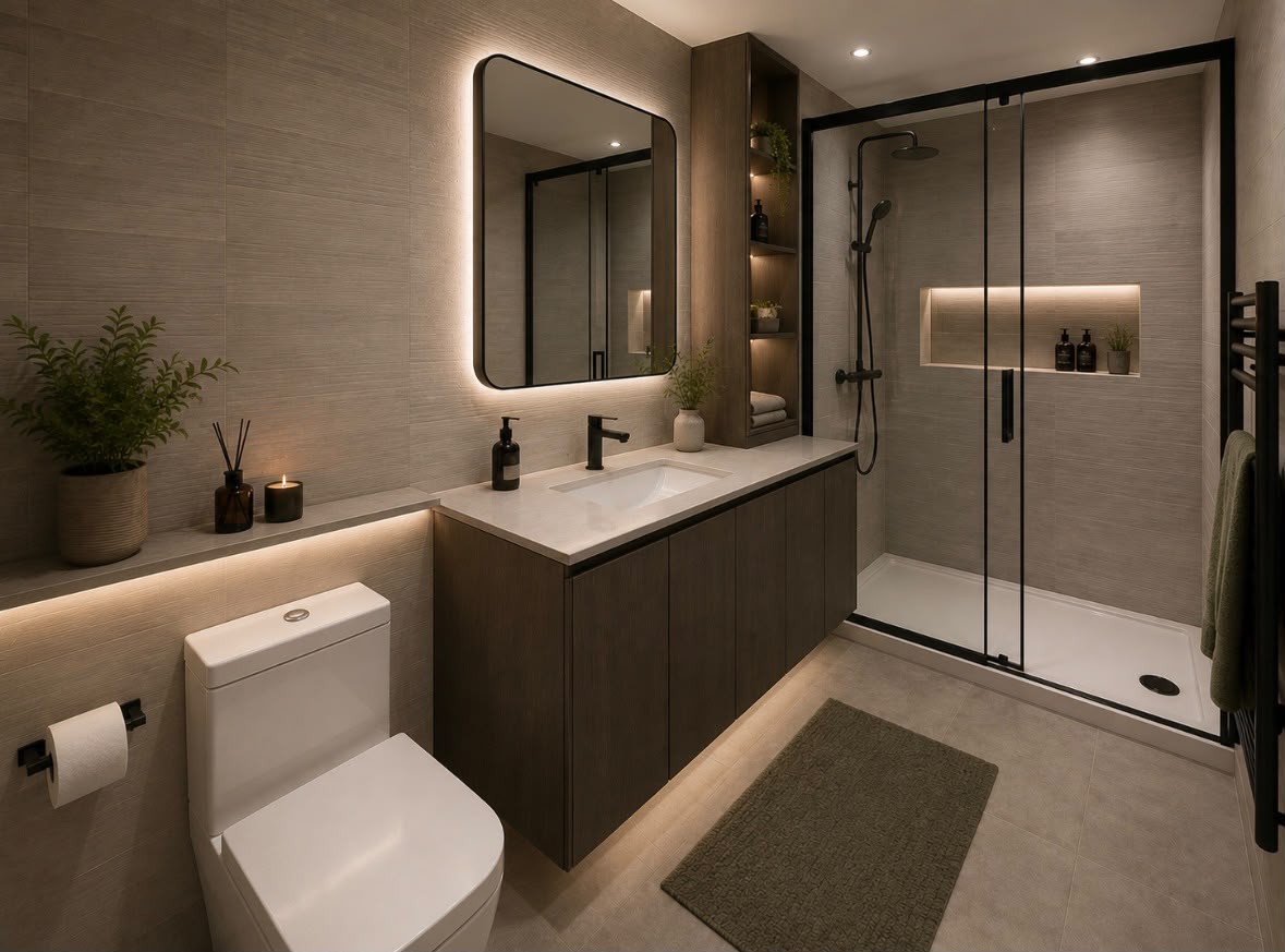 Contemporary bathroom with backlit mirror, floating vanity and walk-in shower