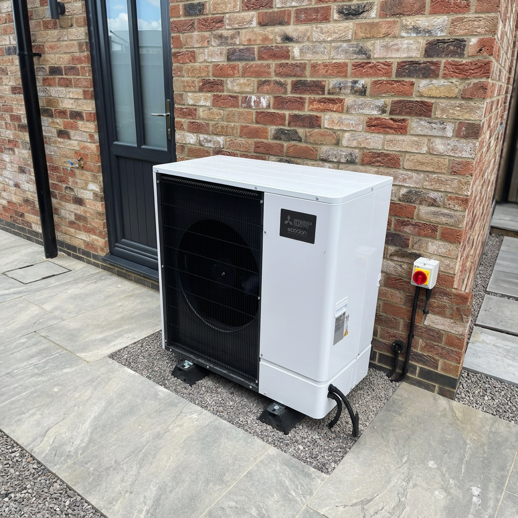 Mitsubishi Ecodan air source heat pump beside a brick wall