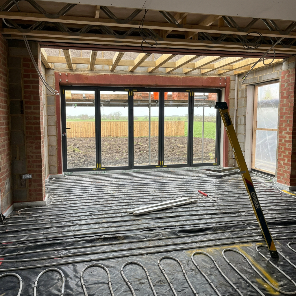 Underfloor heating installation in an open-plan extension