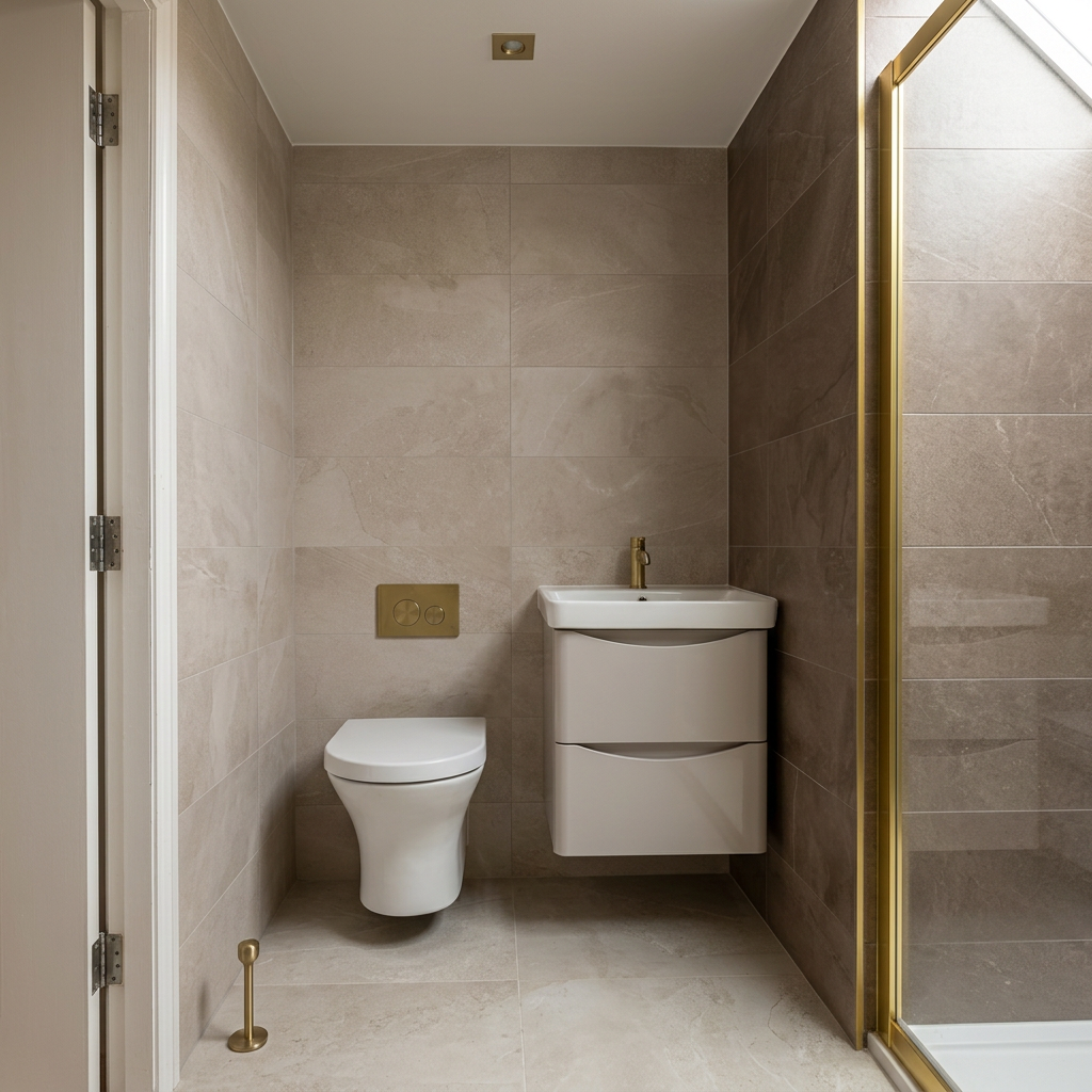 Cloakroom with wall-hung basin, WC and brass fittings