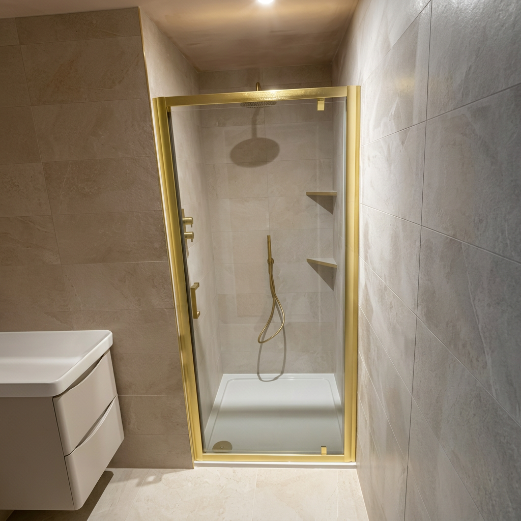 Brass-framed shower enclosure with stone-effect tiling