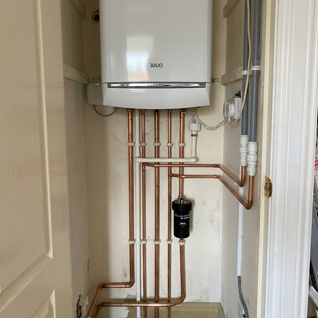 Baxi combi boiler installation with neat copper pipework by Greencore Solutions