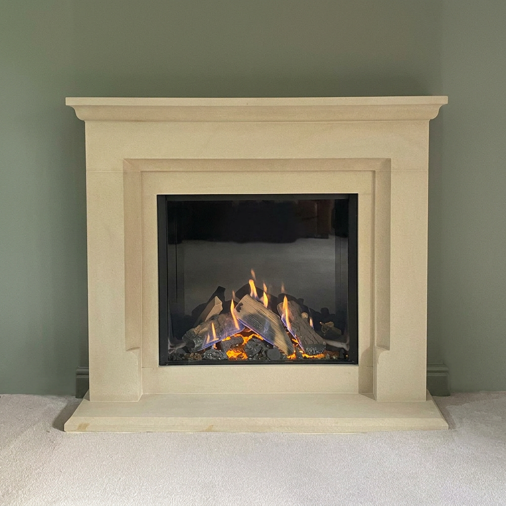 Limestone fire surround with lit inset gas fire